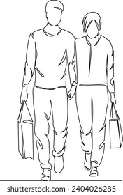 One continuous single drawing line art flat doodle woman, shopper, man, together, happy, bag, shopping, couple, sale. Isolated image hand draw contour on a white background, hand drawn, not AI

