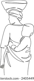 One continuous single drawing line art flat doodle african, africa, rural, woman, load, lifestyle, poverty, traditional. Isolated image hand draw contour on a white background, hand drawn, not AI
