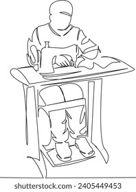 One continuous single drawing line art flat doodle cloth, male, sew, tailor, man, machine, industry, clothing, sewing. Isolated image hand draw contour on a white background, hand drawn, not AI
