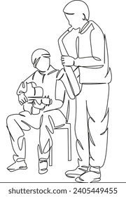 One continuous single drawing line art flat doodle musician, guitar, saxophone, music, band, instrument, performance, male. Isolated image hand draw contour on a white background, hand drawn, not AI
