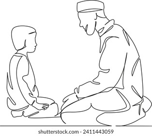 One continuous single drawing line art flat doodle muslim, family, man, people, kid, son, arab, father, islam. Isolated image hand draw contour on a white background, hand drawn, not AI