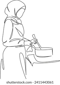 One continuous single drawing line art flat doodle kitchen, food, home, cooking, muslim, female, arab, indoors. Isolated image hand draw contour on a white background, hand drawn, not AI