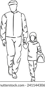 One continuous single drawing line art flat doodle muslim, family, man, girl, father, daughter, male. Isolated image hand draw contour on a white background, hand drawn, not AI
