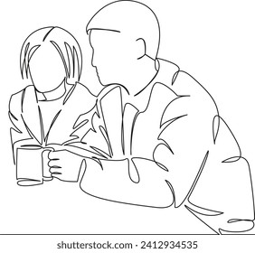 One continuous single drawing line art flat doodle happy, woman, man, together, couple, coffee, male, tea, indoors. Isolated image hand draw contour on a white background, hand drawn, not AI
