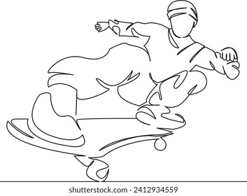 One continuous single drawing line art flat doodle skater, skateboard, teenager, skateboarding, sport, jump. Isolated image hand draw contour on a white background, hand drawn, not AI
