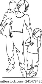 One continuous single drawing line art flat doodle mother, child, family, happy, woman, parent, adult, two, fun. Isolated image hand draw contour on a white background, hand drawn, not AI
