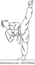 One continuous single drawing line art flat doodle karate, sport, taekwondo, attack, white, female, girl. Isolated image hand draw contour on a white background, hand drawn, not AI
