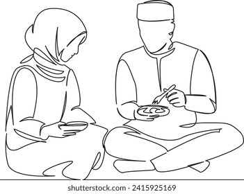 One continuous single drawing line art flat doodle muslim, couple, food, eat, man, home, happy, lunch. Isolated image hand draw contour on a white background, hand drawn, not AI
