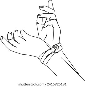 One continuous single drawing line art flat doodle symbol, hand, rope, tied, crime, white, criminal, wrist. Isolated image hand draw contour on a white background, hand drawn, not AI
