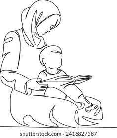 Una línea de dibujo continua arte de garabato plano musulmán, gente, hijab, niña, niño, niño, feliz, islam, educación. Contorno de dibujo a mano de imagen aislada sobre fondo blanco, dibujado a mano, no IA
