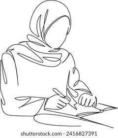 One continuous single drawing line art flat doodle student, muslim, study, girl, young, hijab, school, female, education. Isolated image hand draw contour on a white background, hand drawn, not AI
