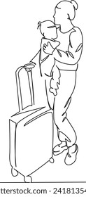 One continuous single drawing line art flat doodle mother, child, suitcase, girl, kid, luggage, travel, airport. Isolated image hand draw contour on a white background, hand drawn, not AI
