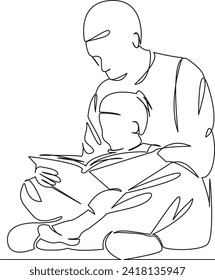One continuous single drawing line art flat doodle book, dad, male, child, kid, father, together, education, leisure. Isolated image hand draw contour on a white background, hand drawn, not AI
