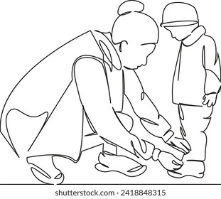 One continuous single drawing line art flat doodle shoe, mother, shoelace, female, lace, family, little, child, care. Isolated image hand draw contour on a white background, hand drawn, not AI
