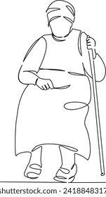 One continuous single drawing line art flat doodle stick, old, elderly, senior, grandma, woman, grandmother, pensioner. Isolated image hand draw contour on a white background, hand drawn, not AI
