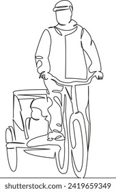 One continuous single drawing line art flat doodle kid, bicycle, activity, dad, child, father, ride, active, transportation. Isolated image hand draw contour on a white background, hand drawn, not AI
