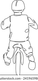 One continuous single drawing line art flat doodle bicycle, balance, child, kid, bike, sport, happy, helmet, run. Isolated image hand draw contour on a white background, hand drawn, not AI
