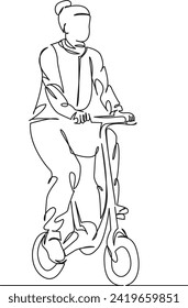 One continuous single drawing line art flat doodle bike, female, girl, ride, bicycle, cycle, cyclist, urban, compact, sport. Isolated image hand draw contour on a white background, hand drawn, not AI
