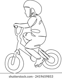 Una línea de dibujo continua arte bicicleta de doodle plana, chica, paseo, feliz, bicicleta, joven, ocio, deporte, felicidad. Contorno de dibujo a mano de imagen aislada sobre fondo blanco, dibujado a mano, no IA
