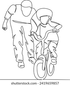 One continuous single drawing line art flat doodle kid, happy, fun, dad, child, father, bike, bicycle, learning, leisure. Isolated image hand draw contour on a white background, hand drawn, not AI

