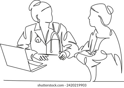 One continuous single drawing line art flat doodle medicine, patient, doctor, professional, woman, healthcare, health. Isolated image hand draw contour on a white background, hand drawn, not AI
