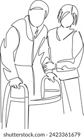 One continuous single drawing line art flat doodle old, care, nurse, support, patient, senior, man, elderly, nursing. Isolated image hand draw contour on a white background, hand drawn, not AI
