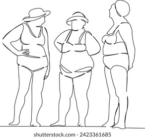 One continuous single drawing line art flat doodle sea, lady, holiday, summer, senior, beach, vacation, older, age. Isolated image hand draw contour on a white background, hand drawn, not AI