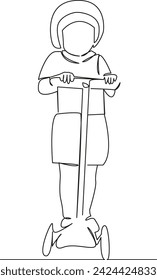 One continuous single drawing line art flat doodle scooter, fun, child, kid, boy, happy, active, sport, leisure. Isolated image hand draw contour on a white background, hand drawn, not AI
