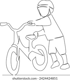 One continuous single drawing line art flat doodle bicycle, helmet, child, kid, bike, happy, active, fun, childhood. Isolated image hand draw contour on a white background, hand drawn, not AI