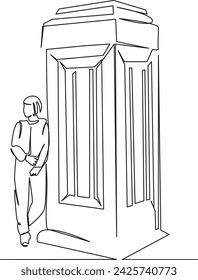 One continuous single drawing line art flat doodle booth, telephone, phone, city, red, girl, box, female, talking. Isolated image hand draw contour on a white background, hand drawn, not AI