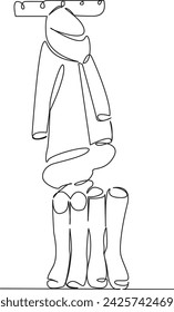 One continuous single drawing line art flat doodle hanger, boot, clothing, cloth, fashion, stand, hanging, shoe, raincoat. Isolated image hand draw contour on a white background, hand drawn, not AI