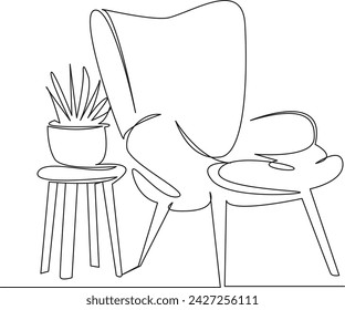 One continuous single drawing line art flat doodle interior, table, armchair, furniture, house, decor, living, flower. Isolated image hand draw contour on a white background, hand drawn, not AI
