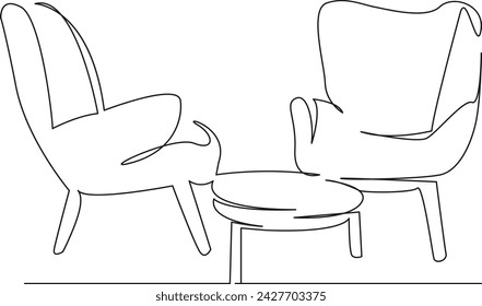 One continuous single drawing line art flat doodle design, armchair, room, style, modern, floor, table, two, chair. Isolated image hand draw contour on a white background, hand drawn, not AI
