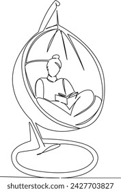 One continuous single drawing line art flat doodle book, woman, people, relax, swing, cozy, caucasian, hammock. Isolated image hand draw contour on a white background, hand drawn, not AI
