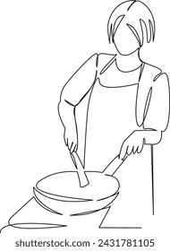 Una sola línea de dibujo continuo arte cocina de garabato plana, hembra, sartén, mujer, cocina, comida, verduras, fritura. Contorno de dibujo a mano de imagen aislada sobre fondo blanco, dibujado a mano, no AI