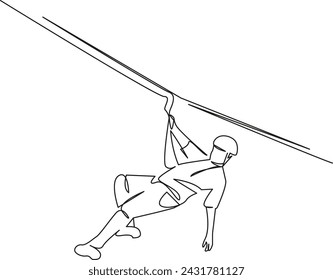 One continuous single drawing line art flat doodle nature, outdoor, mountain, people, man, rope, risk, danger, sport. Isolated image hand draw contour on a white background, hand drawn, not AI
