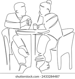 One continuous single drawing line art flat doodlecouple, female, cafe, male, woman, man, sitting, coffee, restaurant. Isolated image hand draw contour on a white background, hand drawn, not AI