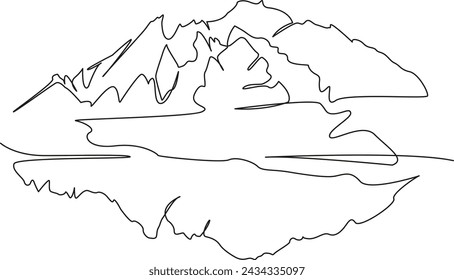 One continuous single drawing line art flat doodle mountain, travel, nature, landscape, blue, water, scenic. Isolated image hand draw contour on a white background, hand drawn, not AI
