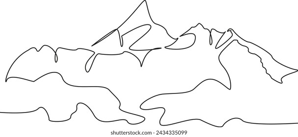 One continuous single drawing line art flat doodle outdoor, mountain, nature, landscape, beautiful, peak, sky, alpine. Isolated image hand draw contour on a white background, hand drawn, not AI