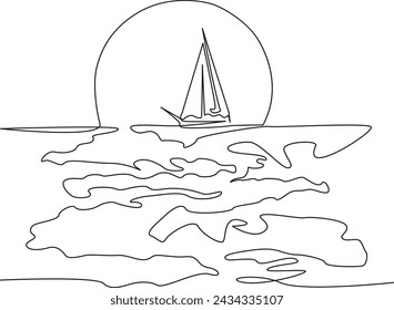 One continuous single drawing line art flat doodle sky, sun, sea, yacht, travel, sailboat, boat, sunset, landscape. Isolated image hand draw contour on a white background, hand drawn, not AI