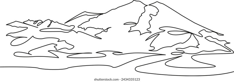 One continuous single drawing line art flat doodle mountain, travel, nature, peak, high, snow, landscape, tourism. Isolated image hand draw contour on a white background, hand drawn, not AI