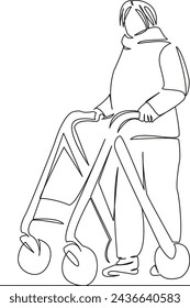 One continuous single drawing line art flat doodle woman, disability, walker, health, senior, people, support, retired. Isolated image hand draw contour on a white background, hand drawn, not AI