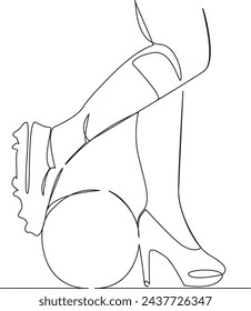 One continuous single drawing line art flat doodle sport, play, foot, ball, boot, shoe, soccer, woman, fashion, elegance. Isolated image hand draw contour on a white background, hand drawn, not AI