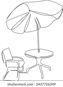 One continuous single drawing line art flat doodle chair, table, umbrella, outdoor, furniture, restaurant, cafe. Isolated image hand draw contour on a white background, hand drawn, not AI