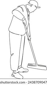 One continuous single drawing line art flat doodle man, cleaner, janitor, worker, clean, work, male, professional, sweeping. Isolated image hand draw contour on a white background, hand drawn, not AI