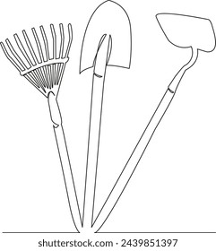 One continuous single drawing line art flat doodle tool, gardening, set, equipment, garden, watering, rake, shovel. Isolated image hand draw contour on a white background, hand drawn, not AI