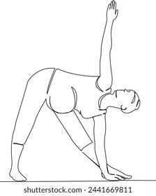 Una sola línea de dibujo continuo arte garabato plano mujer, yoga, ejercicio, embarazada, deporte, virabhadrasana, asana. Contorno de dibujo a mano de imagen aislada sobre fondo blanco, dibujado a mano, no AI