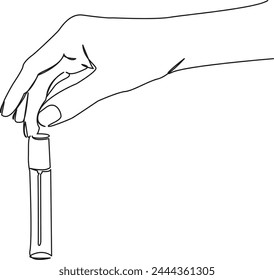 One continuous single drawing line art flat doodle cosmetic, perfume, care, hand, beauty, female, aroma, bottle. Isolated image hand draw contour on a white background, hand drawn, not AI