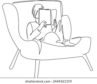 One continuous single drawing line art flat doodle girl, woman, female, chair, person, book, lifestyle, armchair. Isolated image hand draw contour on a white background, hand drawn, not AI