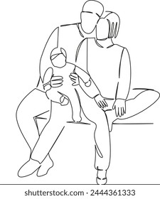 One continuous single drawing line art flat doodle parent, kid, happy, infant, love, together, dad, mother, family. Isolated image hand draw contour on a white background, hand drawn, not AI